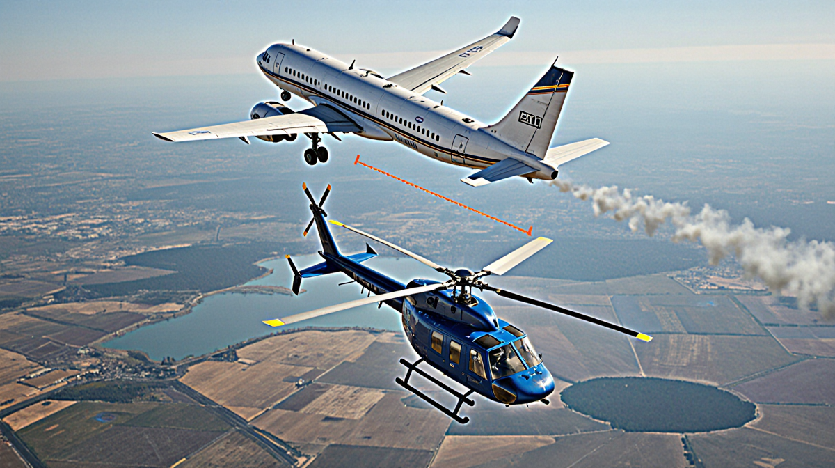 Aerial view of airplane and helicopter with earth-tone color flying over blue sky showing 200-foot separation in pattern.