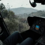 Helicopter cockpit tilting with pilot slumped and blurred landscape spinning through windshield