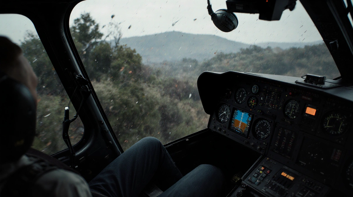 Helicopter cockpit tilting with pilot slumped and blurred landscape spinning through windshield