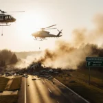 Two helicopters colliding with suburban New Jersey landscape and golden sunset glow