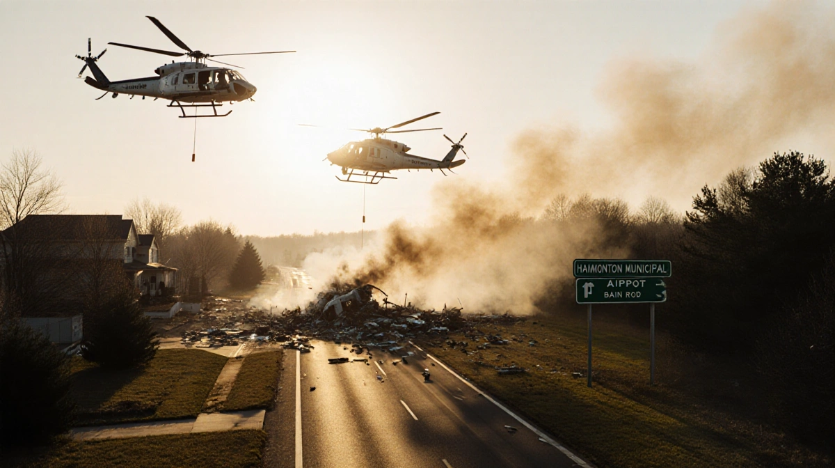Two helicopters colliding with suburban New Jersey landscape and golden sunset glow