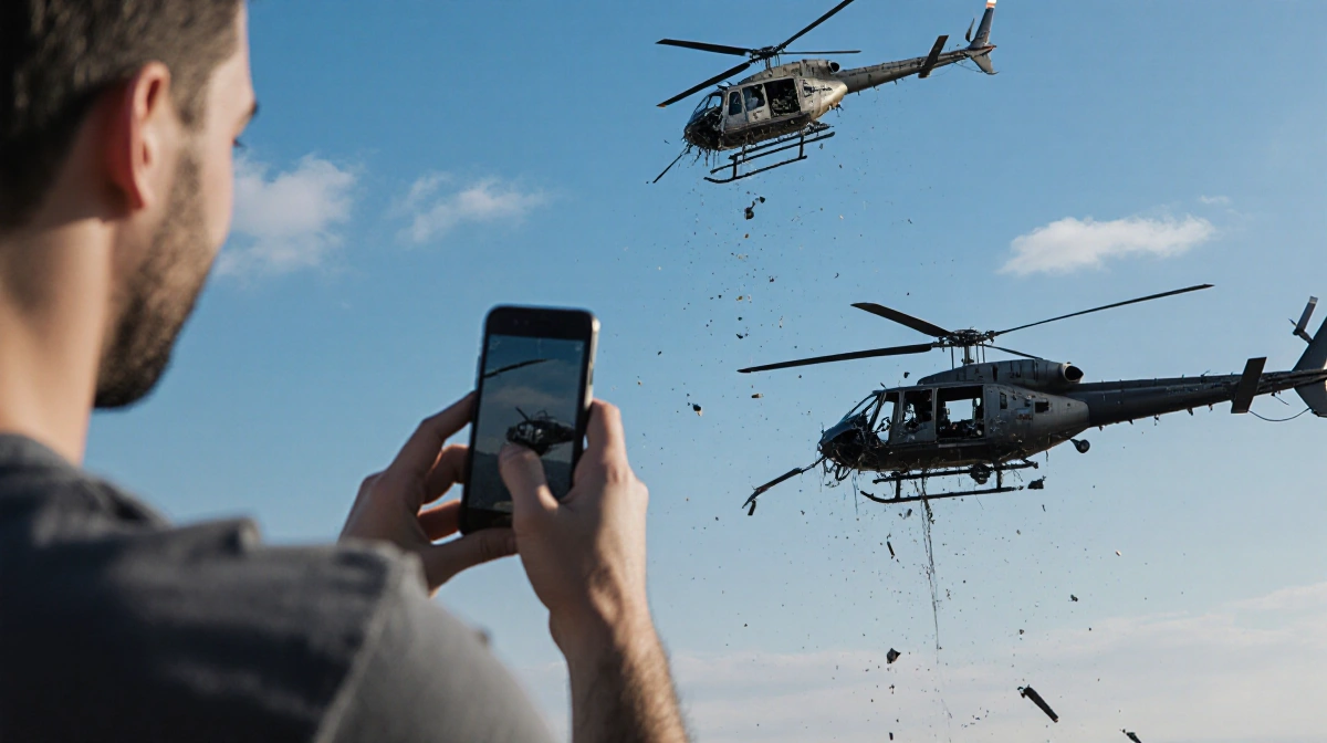 Person filming helicopter crash with iPhone and twisted metal under clear New Jersey sky