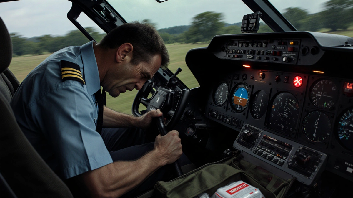 Pilot slumped over helicopter controls with red medical emergency light flashing and first responder bag open on floor
