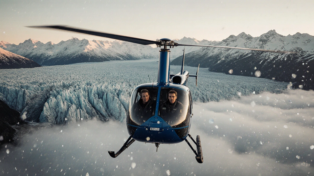 Helicopter flying through clouds over Queenstown mountains with passengers and snowflakes swirling past the blades