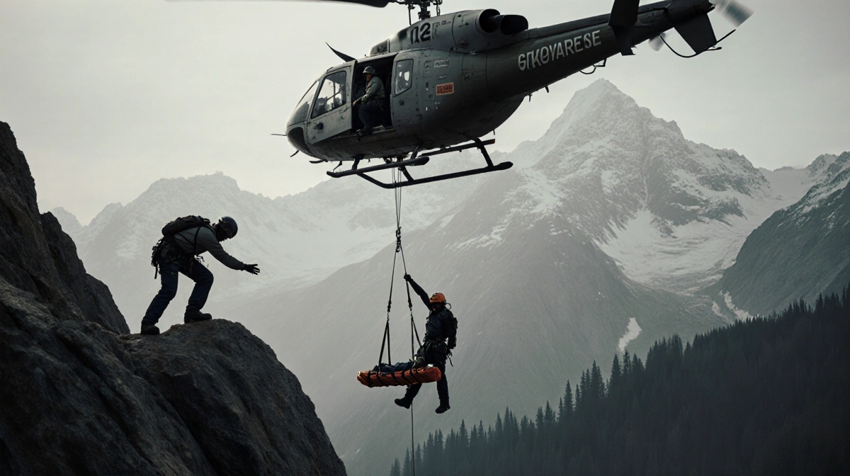 Rescue volunteers lowering stretcher from helicopter with climber reaching for partner on rocky cliff
