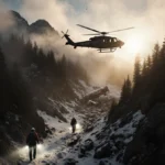 A search helicopter hovers over snowy mountains with rescue teams trekking through deep snow and aircraft wreckage visible on