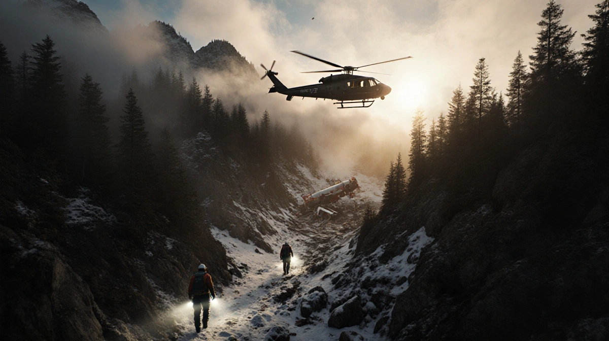 A search helicopter hovers over snowy mountains with rescue teams trekking through deep snow and aircraft wreckage visible on