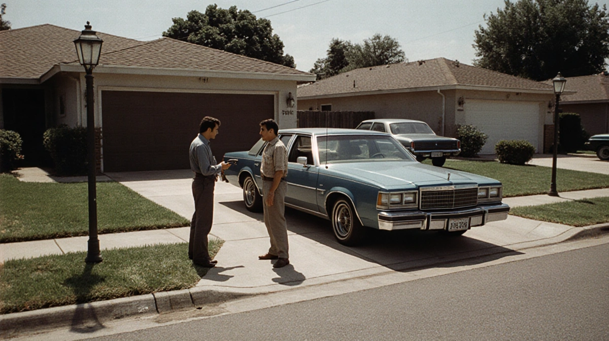 Henry Don Williams pointing gun at Garcia in driveway with vintage car and suburban home behind