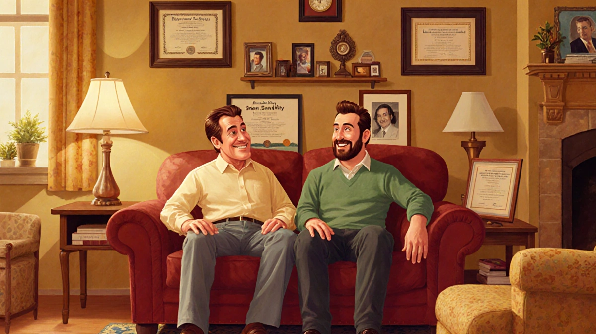 Henry Winkler and Adam Sandler share warm conversation in cozy living room with photos and awards showing friendship