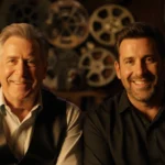 Henry Winkler and Adam Sandler share a warm laugh with vintage film props softly visible behind them