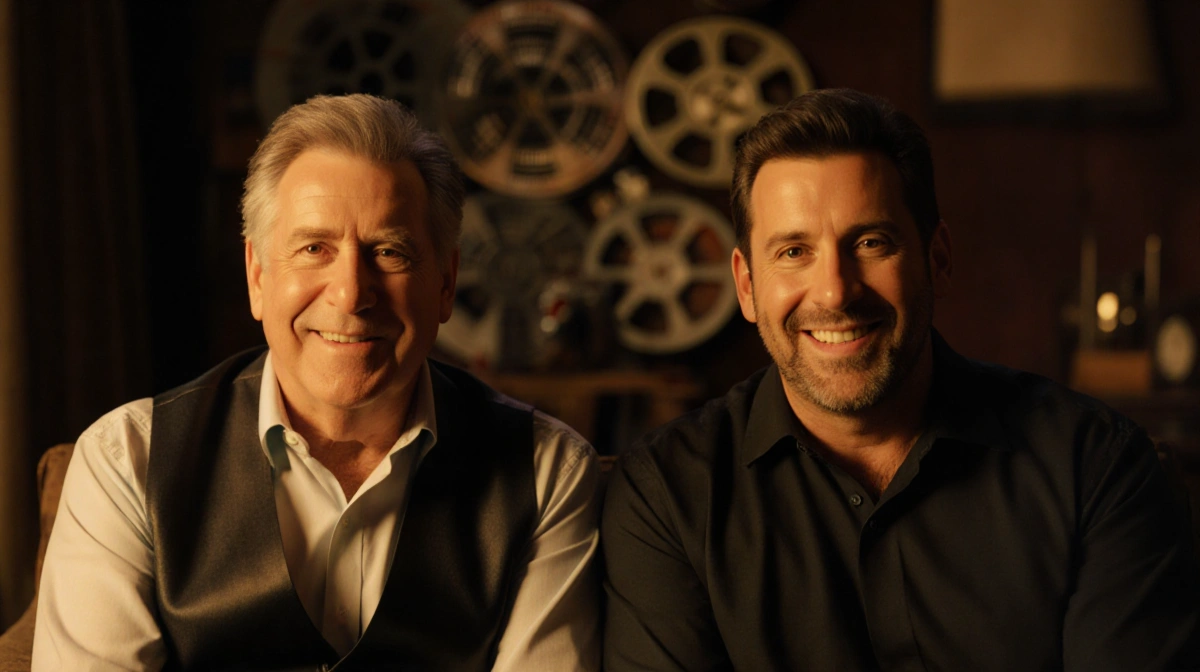 Henry Winkler and Adam Sandler share a warm laugh with vintage film props softly visible behind them