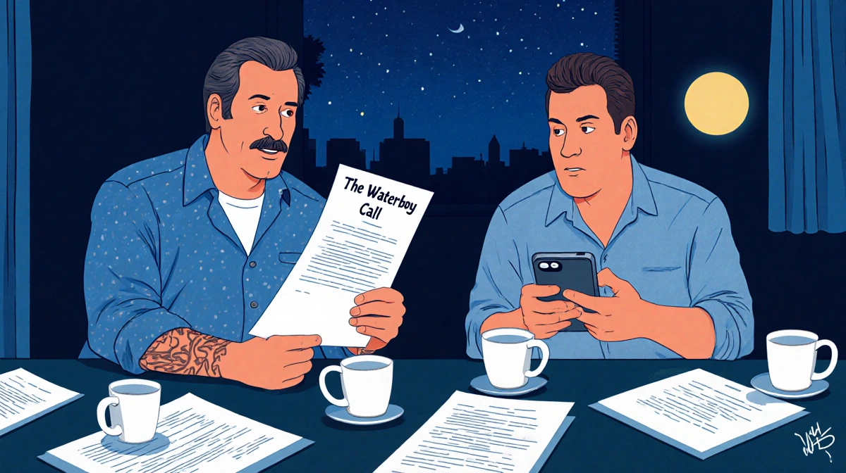 Henry Winkler and Adam Sandler discussing The Waterboy script with coffee cups and papers scattered across the table