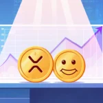 Cryptocurrency coins sit side by side on a modern desk with a rising bull market graph near XRP coin and a steady growth char