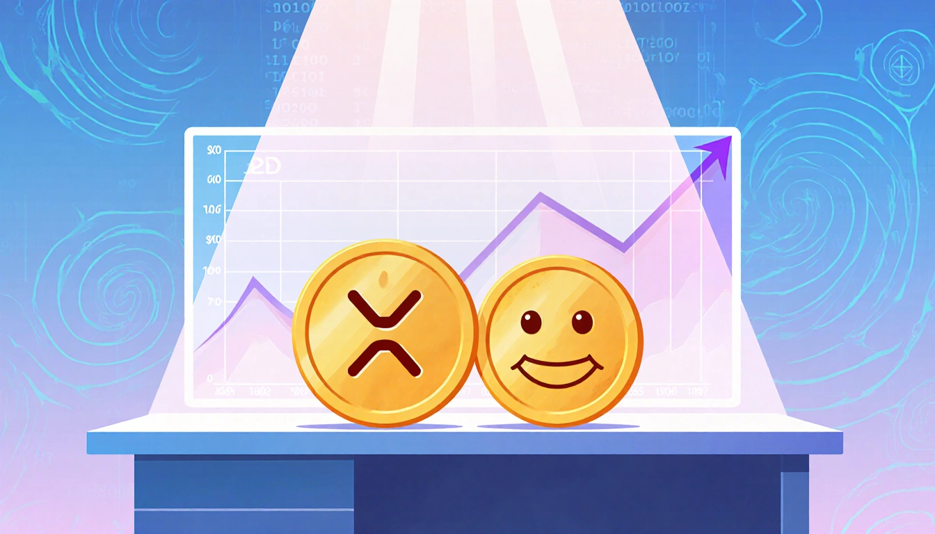 Cryptocurrency coins sit side by side on a modern desk with a rising bull market graph near XRP coin and a steady growth char