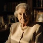 Ethel Kennedy sits alone in a comfortable study surrounded by family photographs and vintage mementos, dressed in classic ele