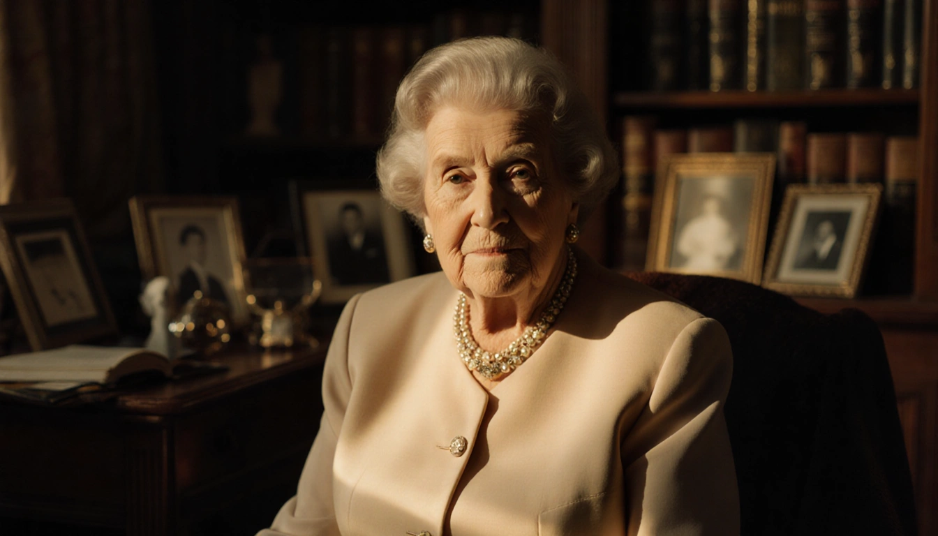 Ethel Kennedy sits alone in a comfortable study surrounded by family photographs and vintage mementos, dressed in classic ele