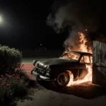Vintage car engulfed in flames at a serene garden entrance with bent wheels and smoke billowing upwards near an athletic trac