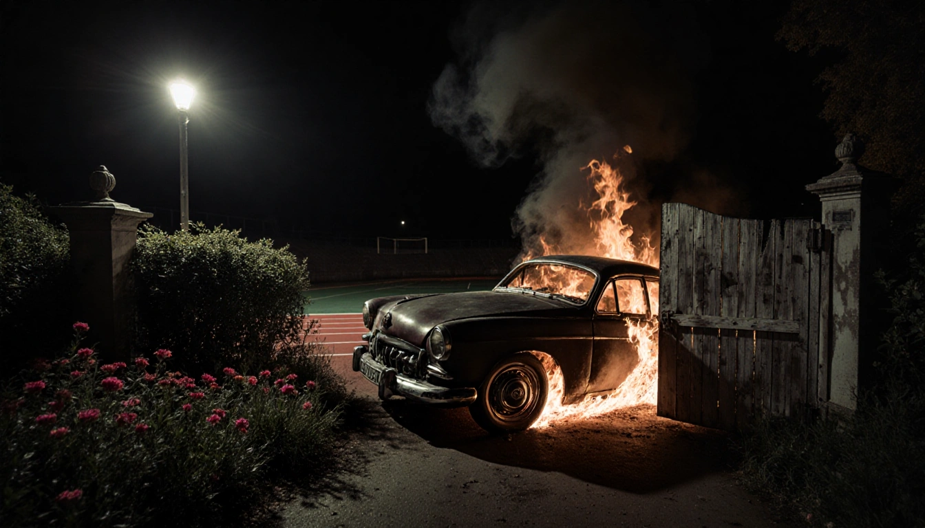 Vintage car engulfed in flames at a serene garden entrance with bent wheels and smoke billowing upwards near an athletic trac