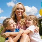 Timpf smiling warmly with her loving children surrounded by colorful balloons flowers and playful kids in a sunny backyard ga