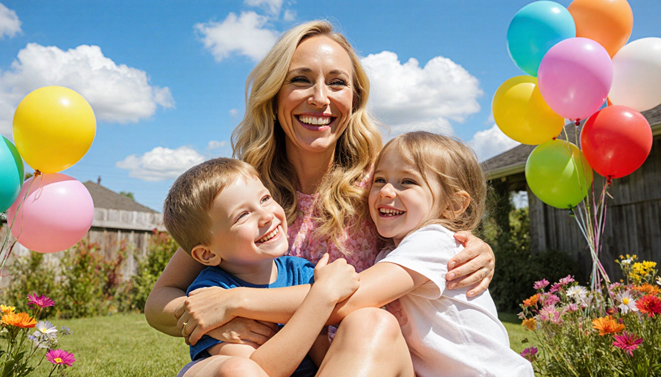 Timpf smiling warmly with her loving children surrounded by colorful balloons flowers and playful kids in a sunny backyard ga