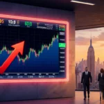 Bitcoin price chart shows a significant increase in value with bold signs and flashing screens near people walking towards th