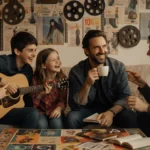 Hawke siblings laughing together with colorful coffee table and warm lighting in background.