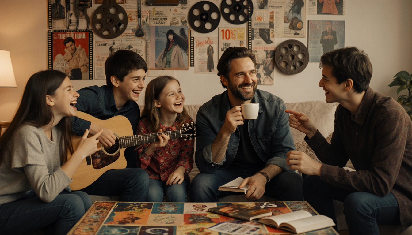 Hawke siblings laughing together with colorful coffee table and warm lighting in background.
