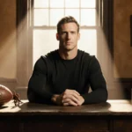 Drew Brees sitting comfortably in front of a rustic wooden desk with a worn leather football glove laid open beside him.
