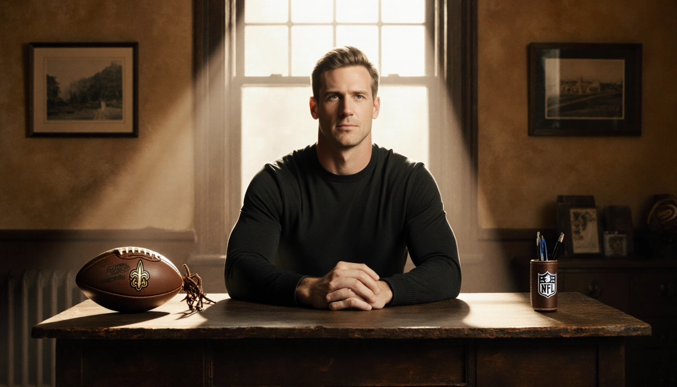 Drew Brees sitting comfortably in front of a rustic wooden desk with a worn leather football glove laid open beside him.