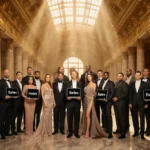 30 diverse celebrities standing together in a luxurious hall, dressed in extravagant attire, holding tablets with Forbes logo