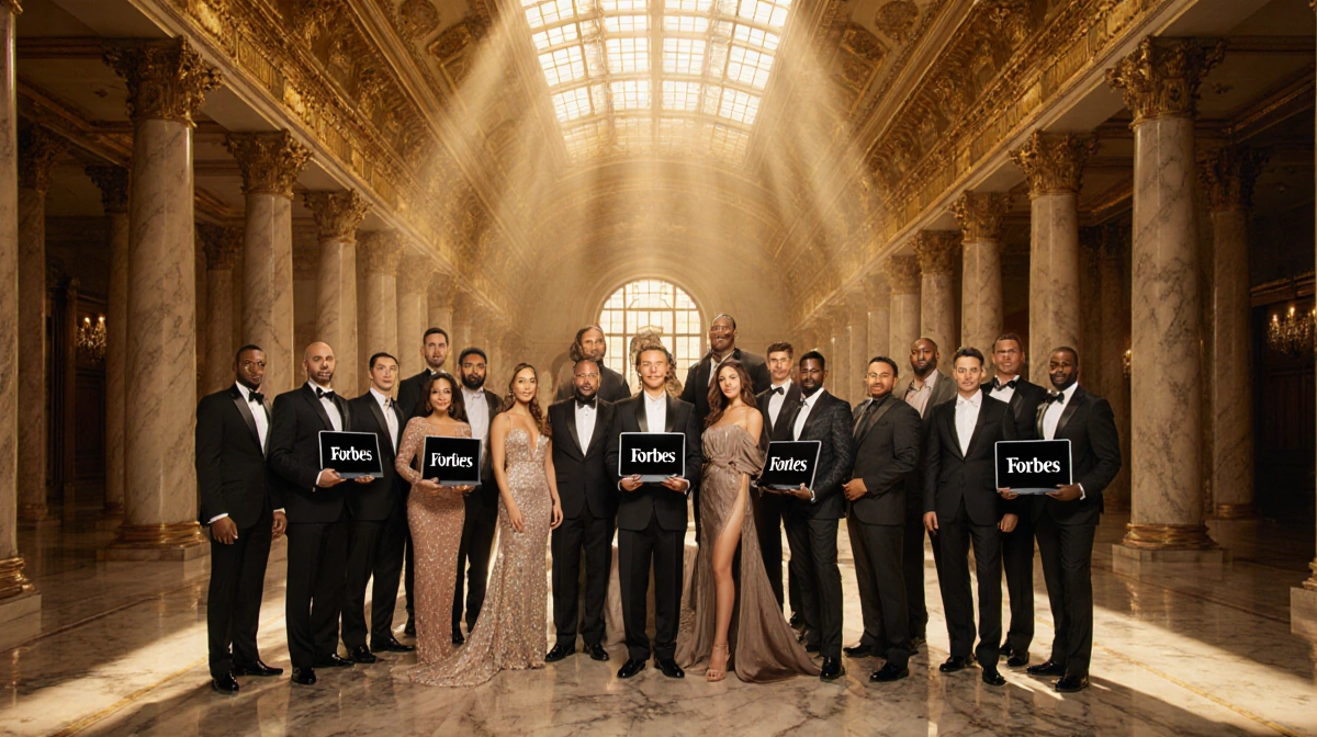 30 diverse celebrities standing together in a luxurious hall, dressed in extravagant attire, holding tablets with Forbes logo