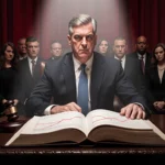 Federal Reserve Chair Jerome Powell sits at the defense table, surrounded by stern-looking judges and lawyers, with a leather