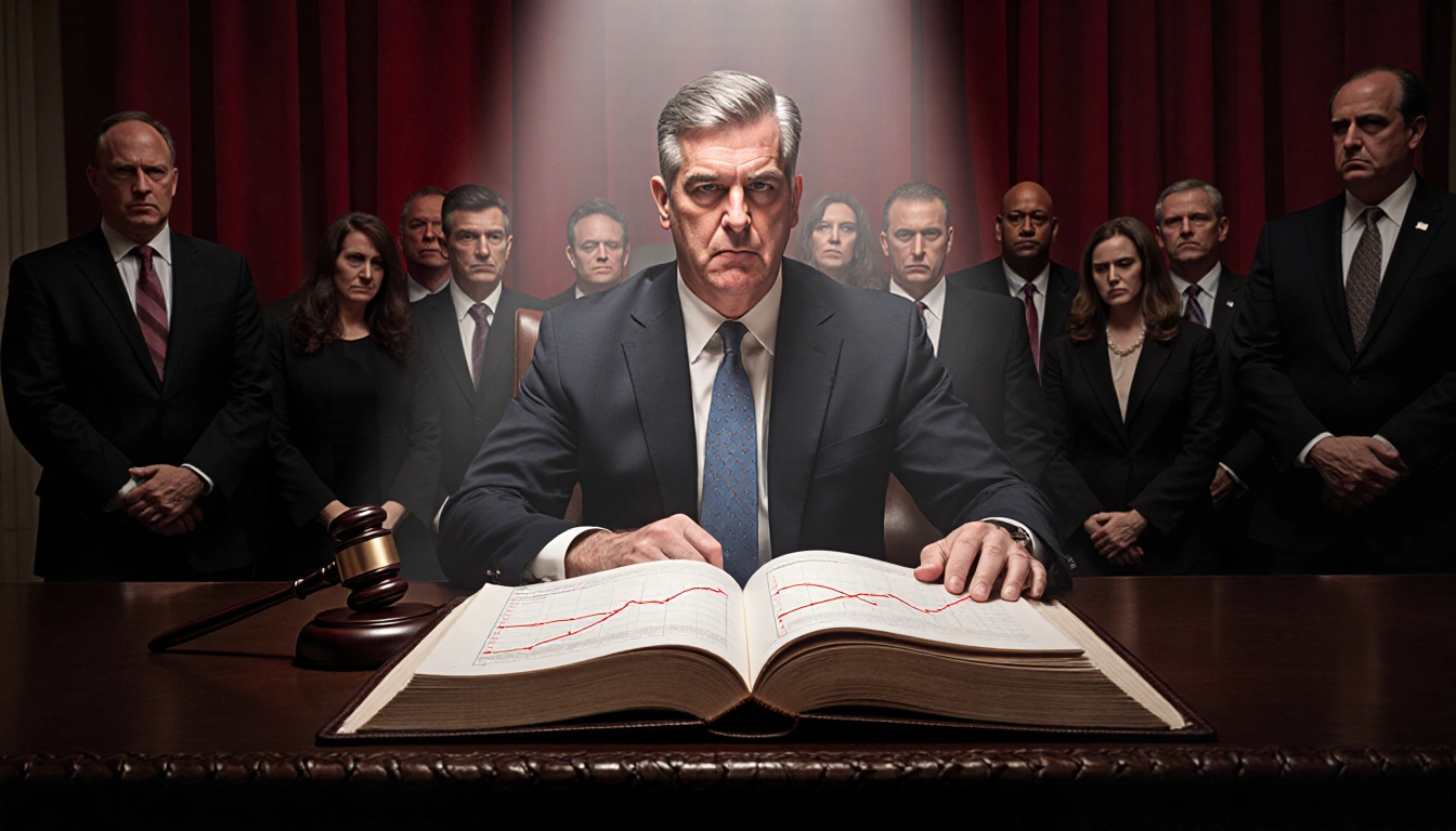 Federal Reserve Chair Jerome Powell sits at the defense table, surrounded by stern-looking judges and lawyers, with a leather
