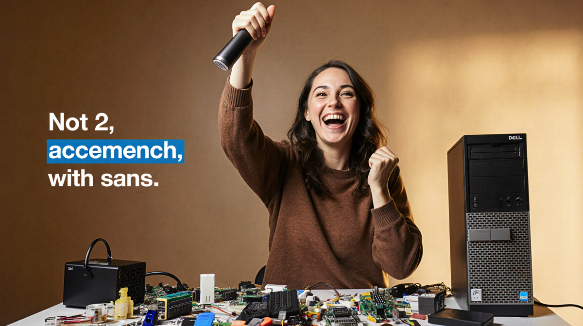 Excited person holding up a Dell desktop with a big smile against a cluttered desk full of accessories