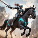 Heroic rider mid-leap with glowing blue horse and futuristic armor charges toward crumbling cityscape with smoke and firework