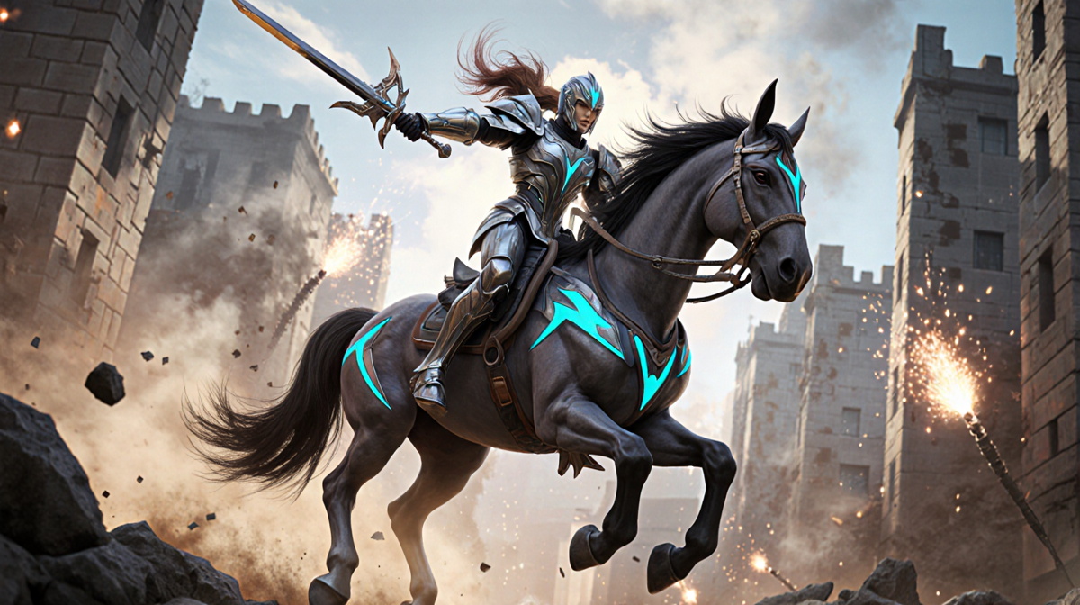 Heroic rider mid-leap with glowing blue horse and futuristic armor charges toward crumbling cityscape with smoke and firework