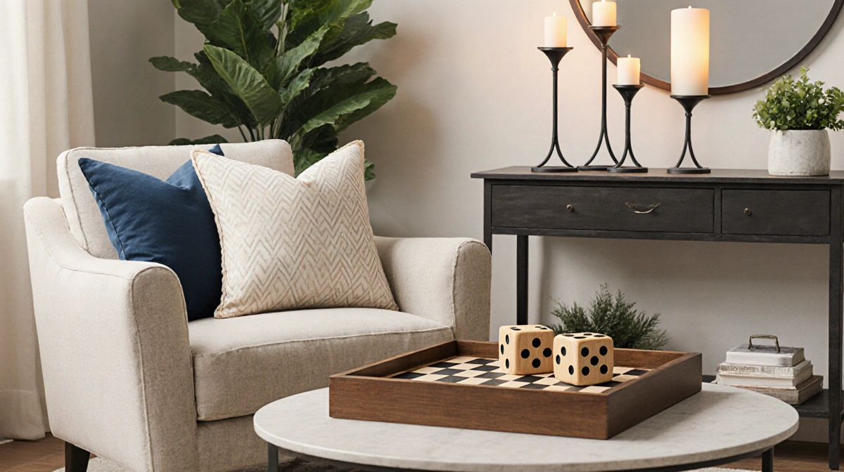 Cozy living room displays affordable HGTV pillows on chair with wooden dice game on coffee table and candlesticks on console
