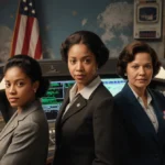 Katherine Johnson Dorothy Vaughan and Mary Jackson stand together with NASA computers and American flag behind them