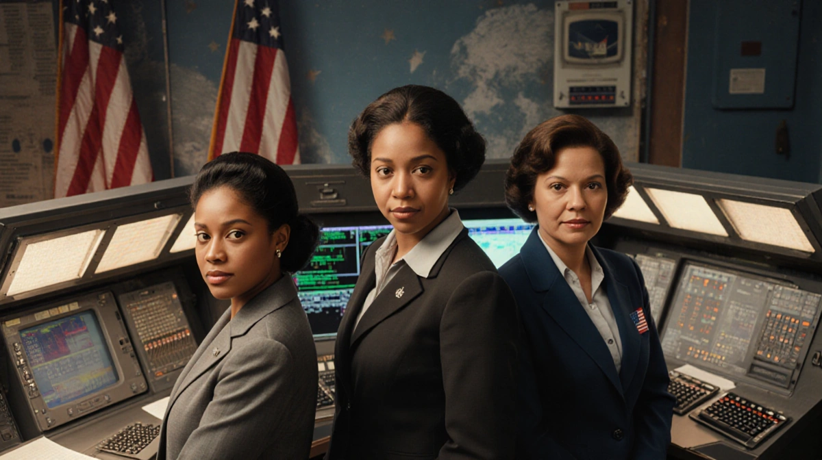Katherine Johnson Dorothy Vaughan and Mary Jackson stand together with NASA computers and American flag behind them