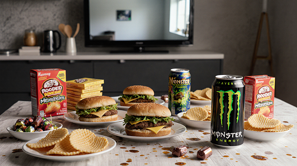 Table showcases a high-calorie spread with ramen sandwiches and stacks of crisps and Monster energy drink cans under lighting