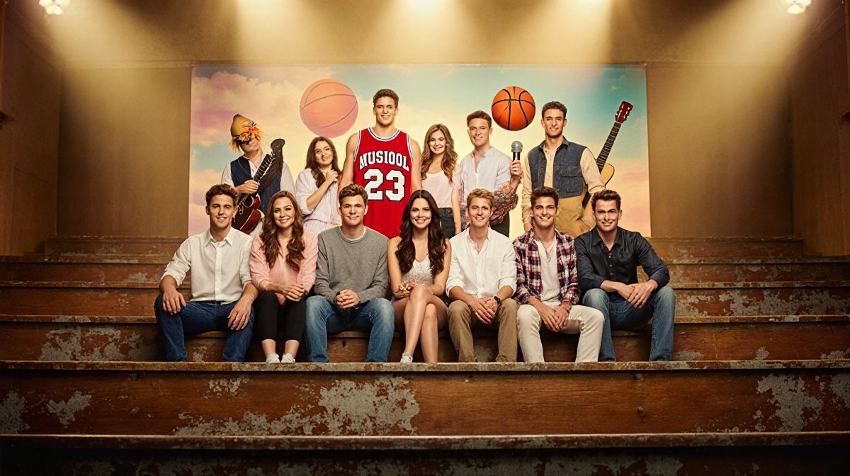 High School Musical cast reunion with actors in their 20s and 30s sitting on bleachers with basketball jersey and guitar prop