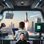 Young boy proudly holding tablet with Elon Musk face in lab with rocket AI soaring over cityscape symbolizing innovation