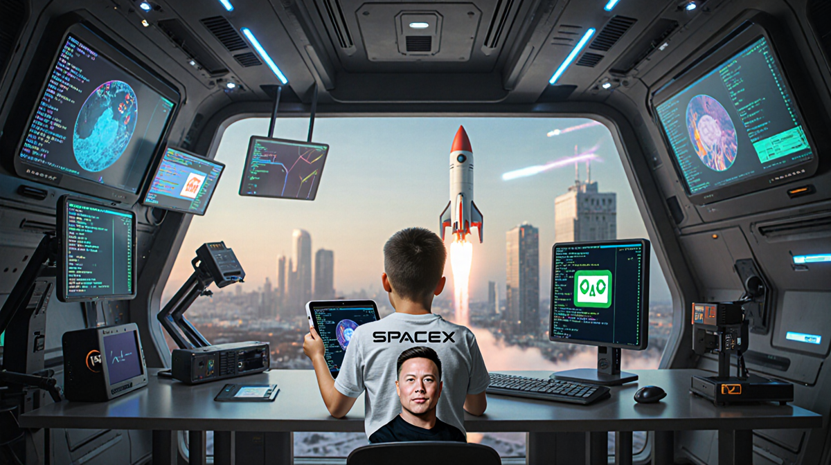 Young boy proudly holding tablet with Elon Musk face in lab with rocket AI soaring over cityscape symbolizing innovation
