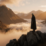Lonely figure standing on rocky outcrop gazing ahead with misty fog swirling and golden dusk light.