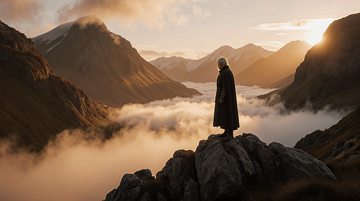 Lonely figure standing on rocky outcrop gazing ahead with misty fog swirling and golden dusk light.