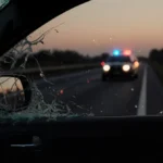 Shattered car windshield shows bullet holes with police lights flashing and fleeing vehicle speeding away