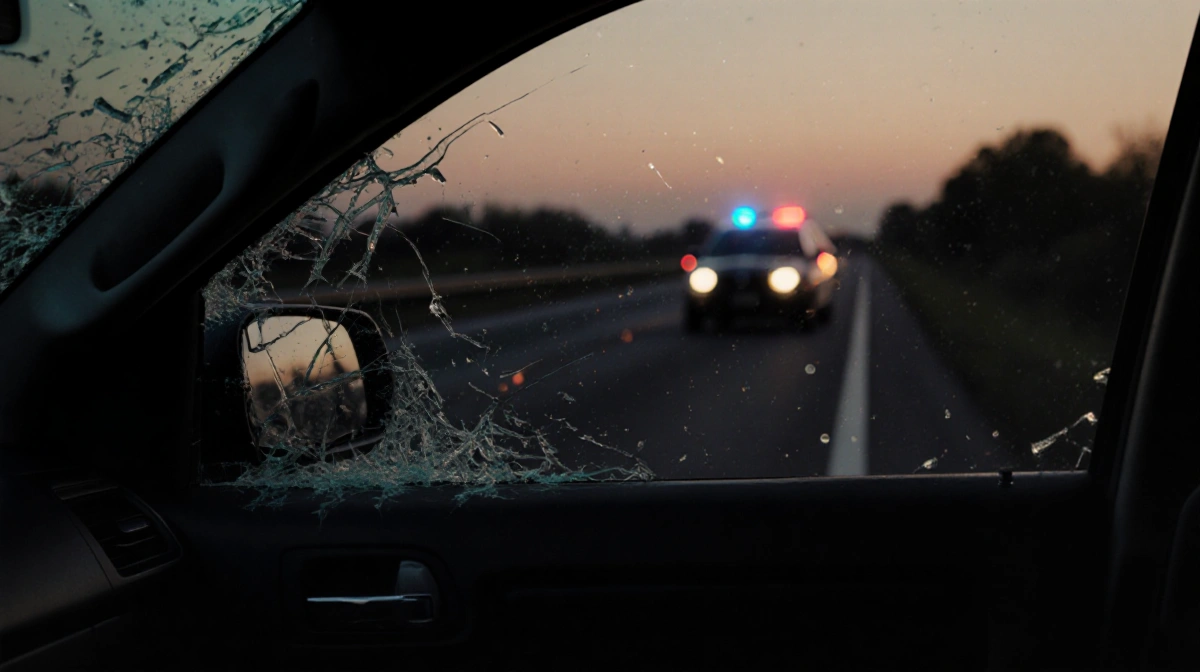 Shattered car windshield shows bullet holes with police lights flashing and fleeing vehicle speeding away