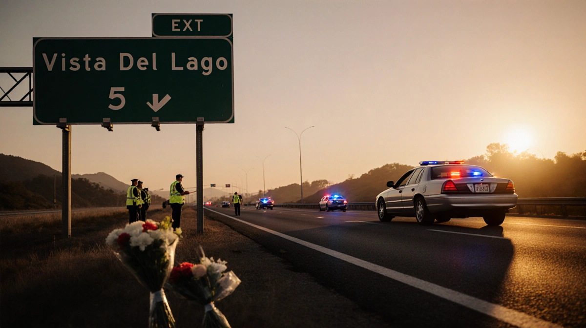 Crumpled silver sedan lies on highway with emergency lights and paramedics nearby memorial bouquet under golden dusk light.