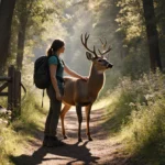 Hiker gently touching deer with wildflowers and sunlight filtering through forest trees