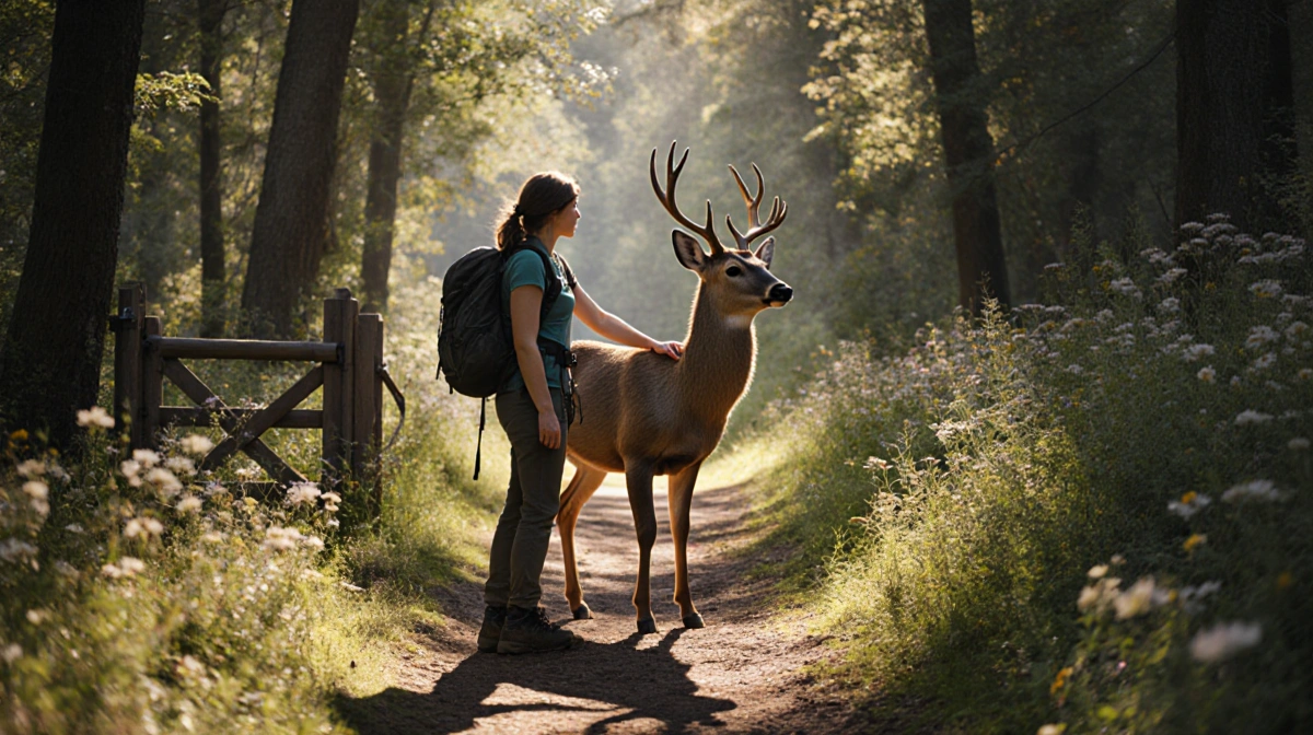 Hiker gently touching deer with wildflowers and sunlight filtering through forest trees